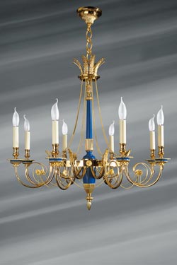 Lustre doré et bleu roi de style Directoire, en bronze massif. Lucien Gau. 