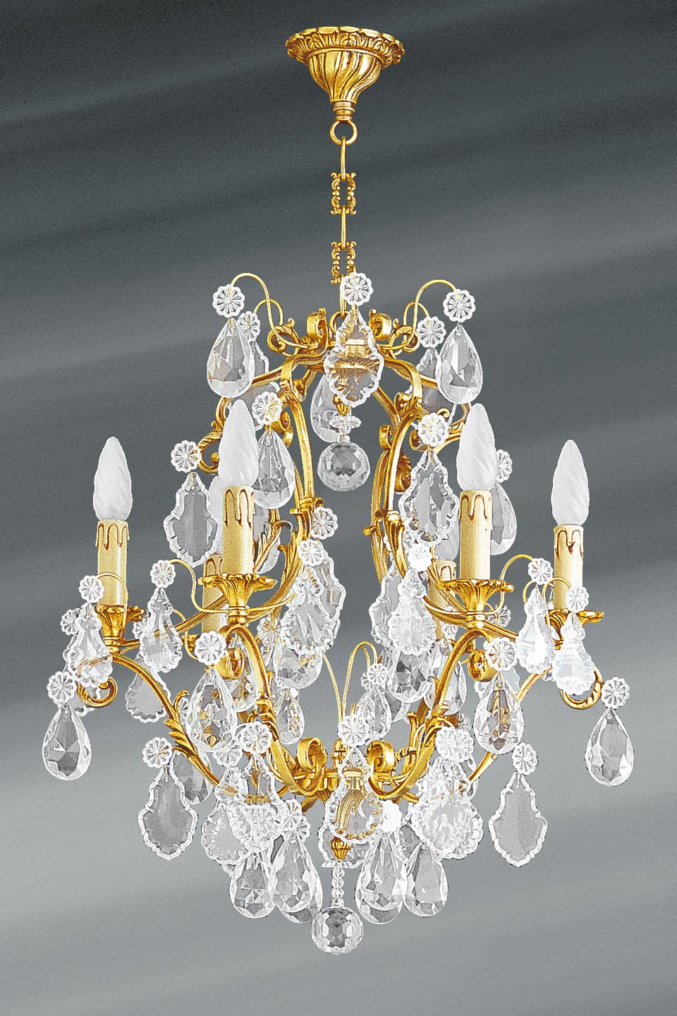 Lustre à pampilles cristal de bohème bronze patiné vieil or 8 lumières -  Lucien Gau, luminaires classiques de prestige - Réf. 12020199 - mobile