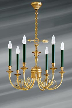 Lustre en bronze massif de style Directoire, décor de pompon et flèche. Lucien Gau. 