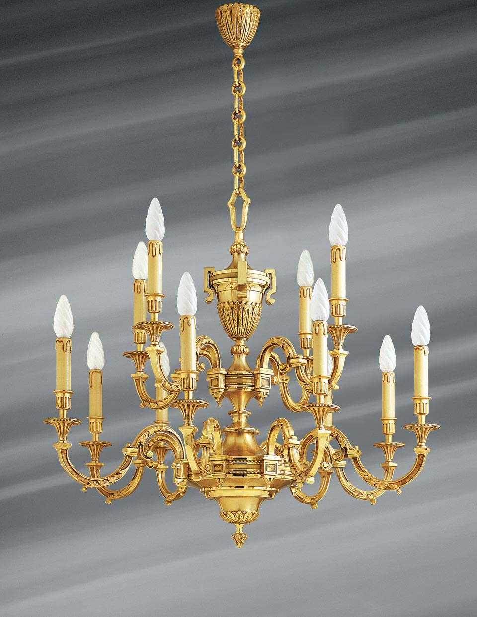 Grand lustre Louis XVI doré cristal de bohème 14 lumières - Lucien Gau,  luminaires classiques de prestige - Réf. 12020172 - mobile