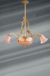 Romantic art nouveau pink chandelier with 6 golden lights in glass paste. Lucien Gau. 