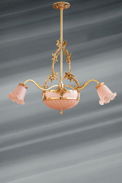 Romantic pink chandelier with 6 golden lights in glass paste. Lucien Gau. 