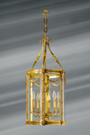 Très grande lanterne classique en bronze et verre six lumières. Lucien Gau. 