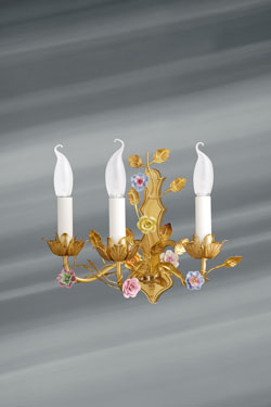 Art nouveau wall lamp with porcelain flowers. Lucien Gau. 