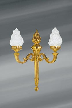 Wall lamp in solid bronze, old gold patina, two lights, frosted white glass. Lucien Gau. 