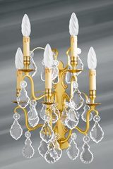 Old gold bronze and bohemian crystal wall lamp five lights. Lucien Gau. Old gold bronze and bohemian crystal wall lamp five lights. Lucien Gau.