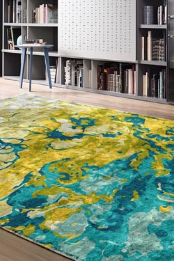 Aquarelle tapis décor abstrait jaune, vert et turquoise 170X240. MA Salgueiro. 