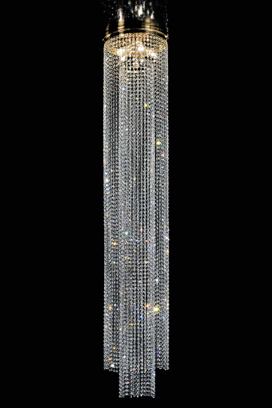 Large Ceiling Light In Crystal And Brushed Stainless Steel In Double Cylinder Of Draped Crystals