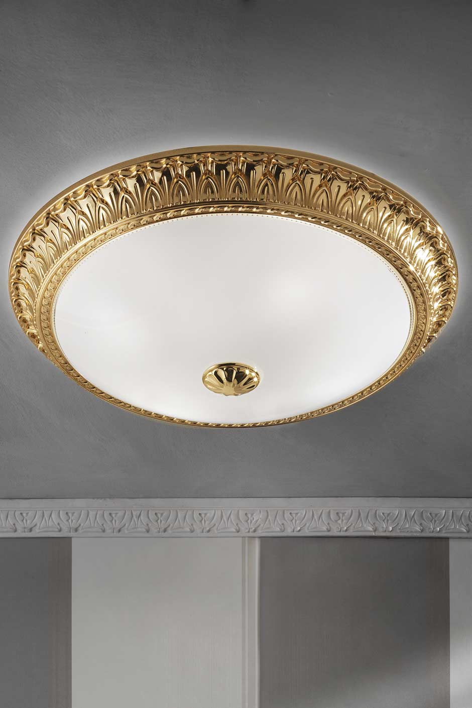 Large Round Ceiling Light In Gold Plated Bronze With Festoon Motif And White Glass Diffuser