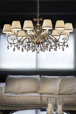 Matt old-gold crystal chandelier with cream shades. Masiero. 