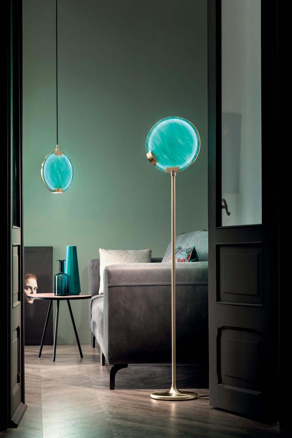 Horo table lamp in green marbled glass. Masiero. 