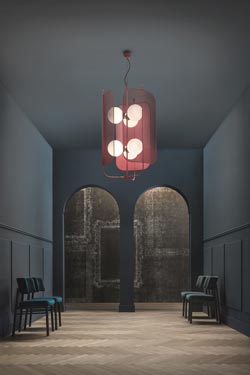 Lustre rouge bordeaux 6 lumières double hauteur Papilio. Masiero. 