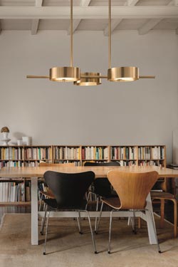 Long golden pendant light 3 lights Sound. Masiero. 