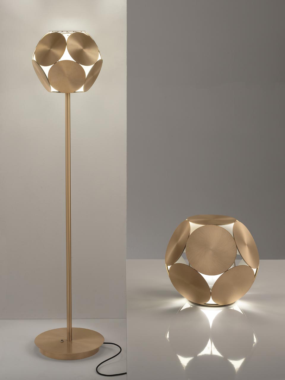 Timeo patinated brass with grey interior round table lamp. Masiero. 