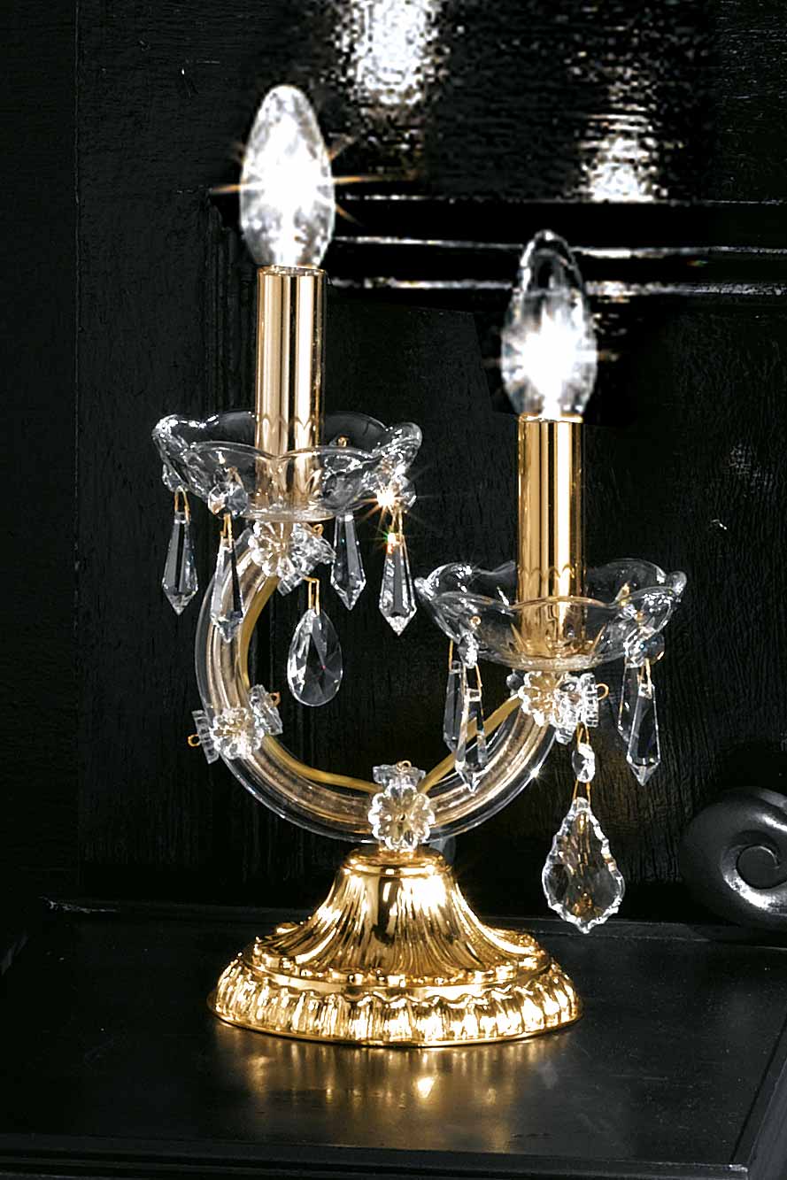 Two-light gold-plated-metal and crystal candestick table lamp . Masiero. 