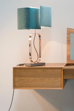 Cubic gray marble and bright copper metal table lamp. Matlight. 