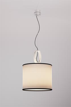 Single white pendant Deco ivory linen shade with black trim. Matlight. 