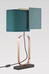 Cubic gray marble and bright copper metal table lamp. Matlight. 