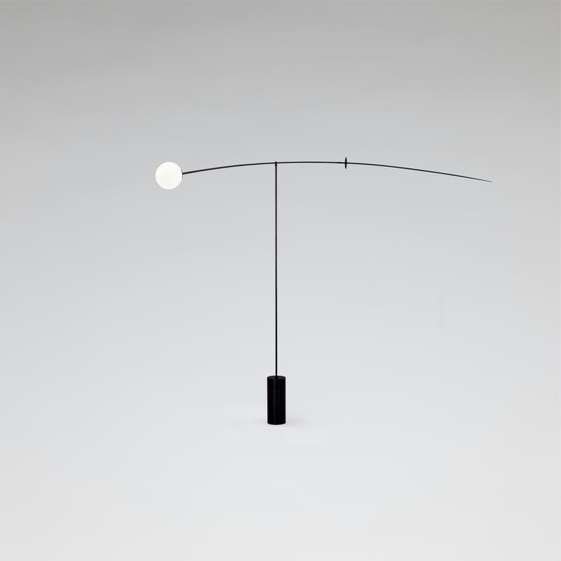 Large Mobile floor lamp in black patinated brass with a white globe. Mobile Chandelier 5. Michael Anastassiades. 