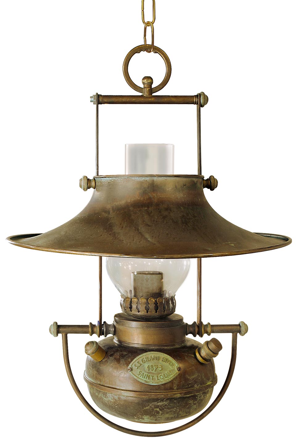Oil lamp pendant in patinated brass. Moretti Luce. 