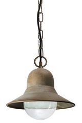 Exterior pendant light in aged brass bell shape. Moretti Luce. 