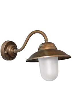 Exterior wall light in aged brass swan neck stem. Moretti Luce. 