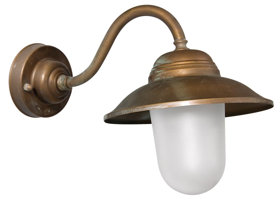 Exterior wall light in aged brass swan neck stem. Moretti Luce. 