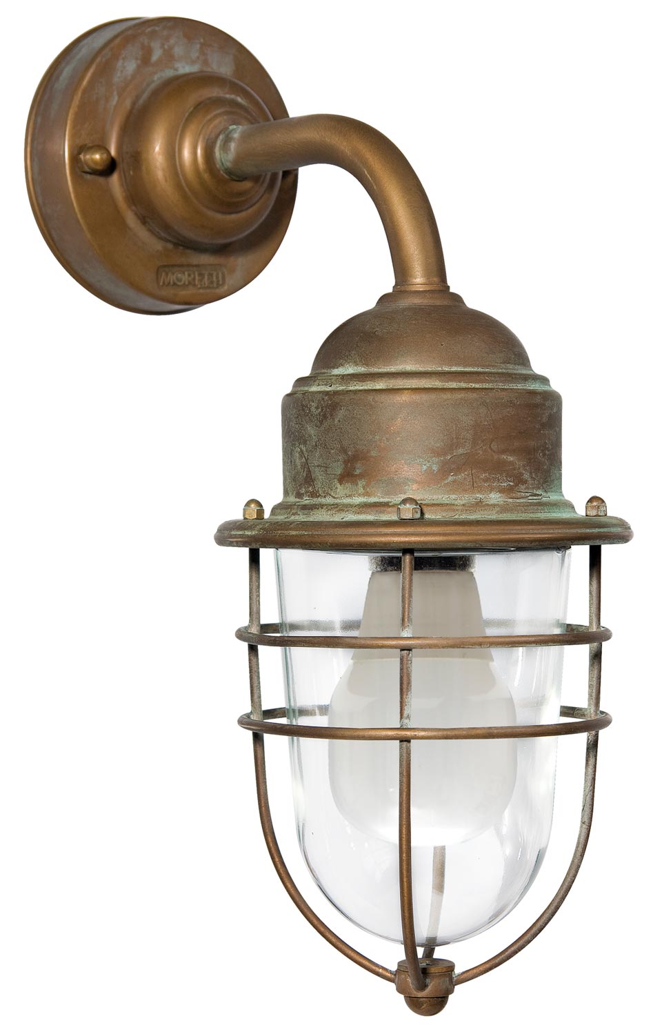 Storm exterior wall light in aged brass curved rod. Moretti Luce. 