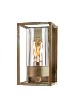 Cubic outdoor lantern wall lamp in aged brass. Moretti Luce. 