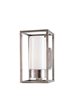 Cubic wall-mounted outdoor lantern in aged nickel. Moretti Luce. 