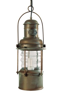 Large cylindrical marine lantern pendant in aged brass. Moretti Luce. 