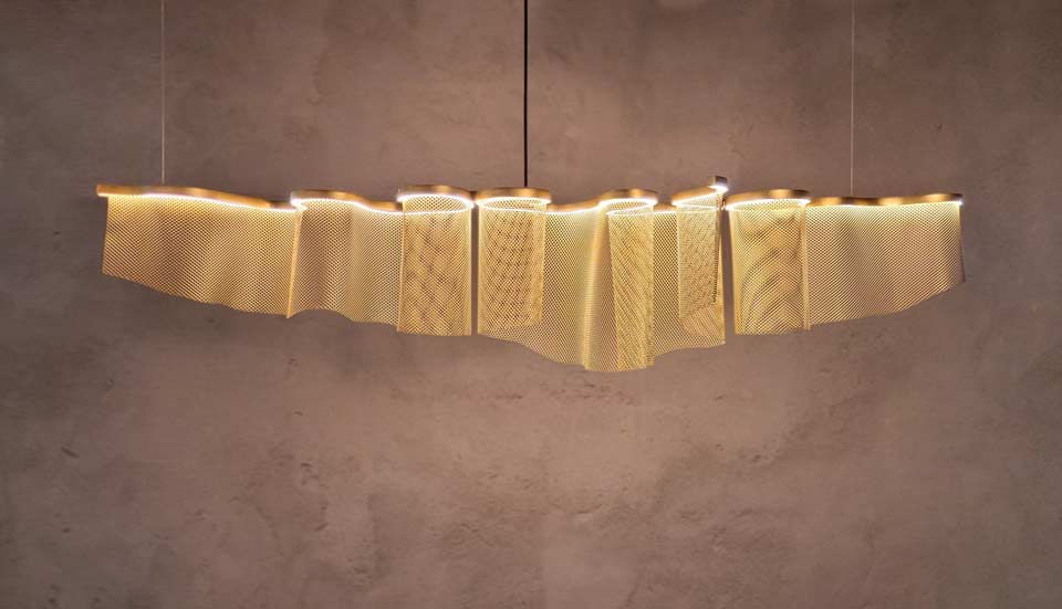 Ephelia linear LED illuminated sculpture pendant light. Myo. Ephelia linear LED illuminated sculpture pendant light. Myo.