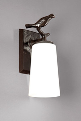 Bathroom wall lamp bird on its branch in patined solid bronze. Objet insolite. 