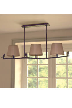 Triple bird on the branch pendant in solid bronze and white lampshades. Objet insolite. 