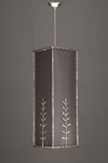Pattern of leaves satin nickel bronze pendant with smoke grey lampshade. Objet insolite. 