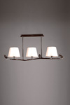 Triple bird on the branch pendant in solid bronze and white lampshades. Objet insolite. 