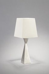 Pablo small table lamp with hourglass shape base and satin nickel finish. Objet insolite. 