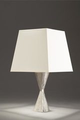Pablo table lamp with hourglass shape base and satin nickel finish. Objet insolite. 