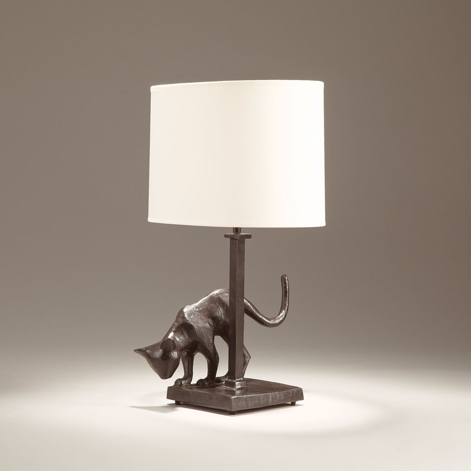 Patinated Black Bronze Table Lamp Cat, Animal Table Lamps Bronze
