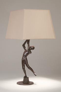 Pompeii figurative table lamp in patinated black bronze. Objet insolite. 