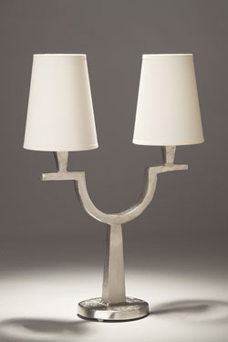 Satined nickel table lamp in solid bronze 2 lights Perceval. Objet insolite. 