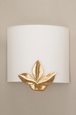 Charme gold leaf wall lamp with white shade. Objet insolite. 