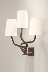 Patined black bronze wall lamp Triple, white lampshades. Objet insolite. Patined black bronze wall lamp Triple, white lampshades. Objet insolite.