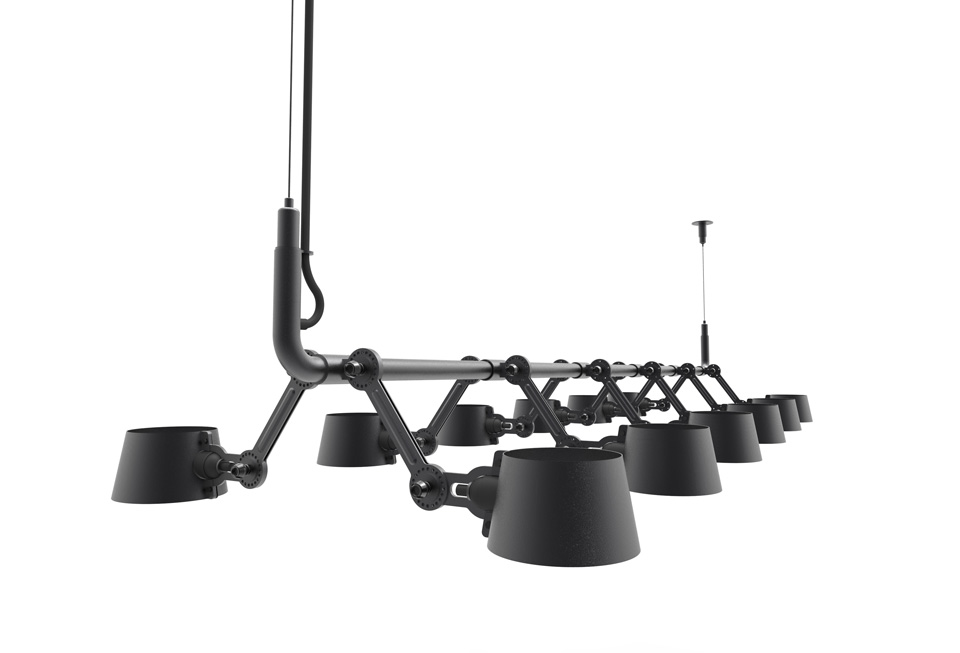 Black Pendant horizontal suspension, with 12 Bolt lamps. Tonone. 