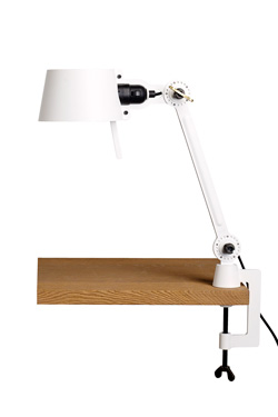 Small Bolt Desk lamp with one arm only, and a base, pure White. Tonone. 