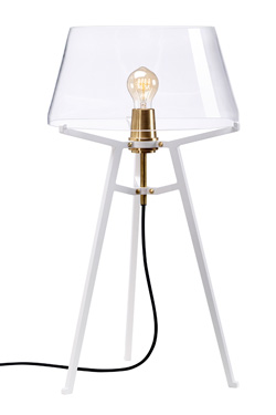 Lampe de table design industriel, avec abat-jour transparent sur trépied blanc Ella. Tonone. 