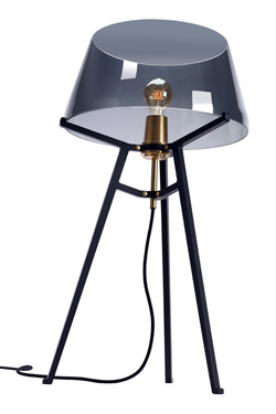 Lampe de table Ella, avec abat-jour en verre fumé sur trépied noir. Tonone. 