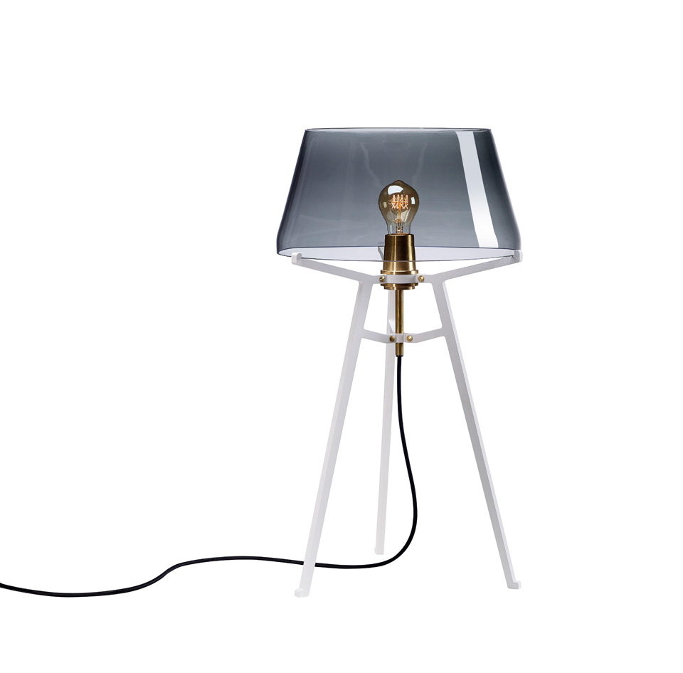 Ella table lamp, with lightly smoked glass shade on white tripod. Tonone. 