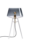 Ella table lamp, with lightly smoked glass shade on white tripod. Tonone. 