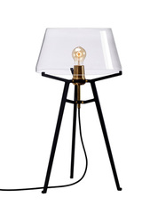 Ella table lamp, with transparent glass shade on black tripod. Tonone. 